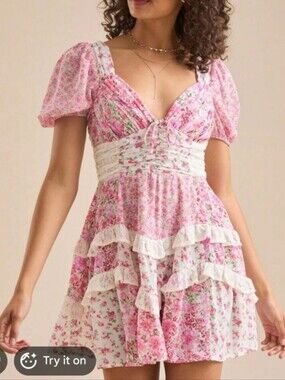 Pink Floral Lace-Trim Summer Dress